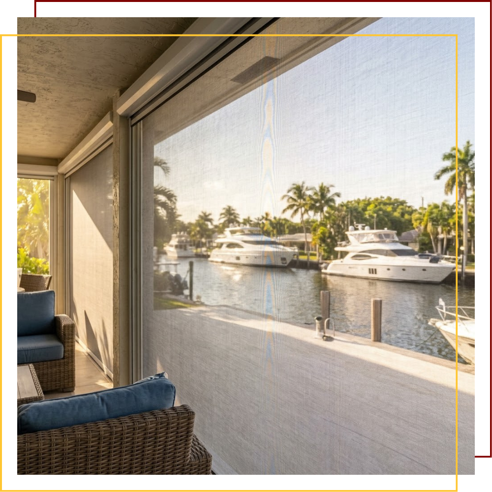 A view from inside a Fort Lauderdale patio looking out through a fine retractable mesh screen toward a wide canal lined with luxury yachts and palm trees, showcasing insects and sun relief.